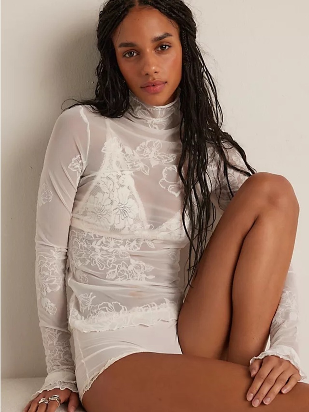 Intimately Free People Ivory Floral Mesh Mock Neck Top XS/S - Picture 3 of 8
